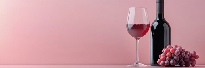 Elegant red wine bottle and glass beside fresh grapes on a soft pink background