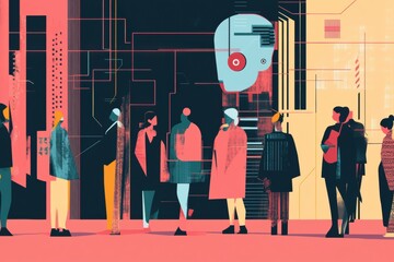 Aufkleber - Individuals stand together, interacting and observing a large, abstract AI system at a technology exhibition in an urban environment. Generative AI