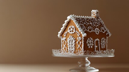 Wall Mural - Decorative gingerbread house on a glass stand with simple icing detailing and warm background