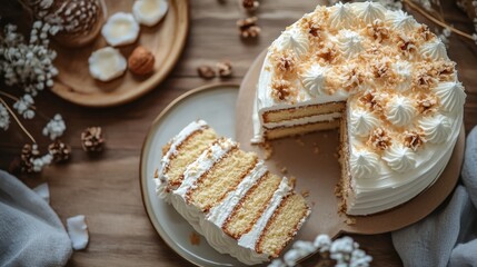 Wall Mural - Delicious layered cake with cream and toppings surrounded by decorative elements on a wooden table