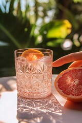 Wall Mural - Refreshing grapefruit cocktail garnished with citrus slice in a bright outdoor setting