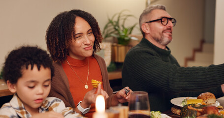 Canvas Print - Happy family, bonding and thanksgiving celebration with kids, festive holiday and food for vacation. Feast, people and interracial parents at party, reunion and gathering for dinner or event in home