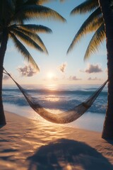 Wall Mural - Relaxing hammock on the beach at sunset with beautiful clouds and ocean waves in the background