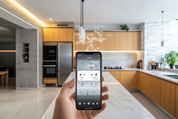 Poster - A hand holds a smartphone displaying a smart kitchen interface in a sleek modern kitchen with stylish cabinets and bright lighting. Generative AI