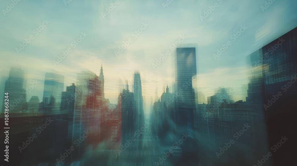 Blurred cityscape with buildings in the background, creating a sense of movement and energy.