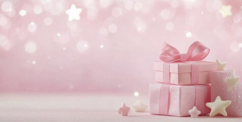 Sticker - Colorful gift boxes with ribbons and stars on a pink sparkling background for festive celebrations