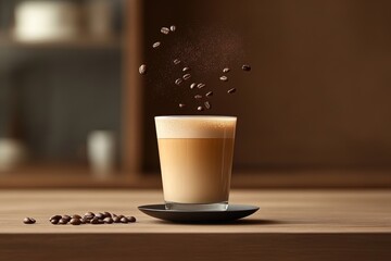 Wall Mural - coffee photography, coffee beans suspended over a latte on a wooden counter, creating a serene scene with room for text