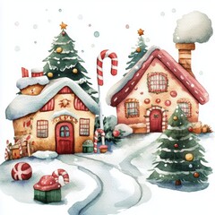 Wall Mural - Colorful gingerbread houses decorated with candy canes and snow near evergreen trees during winter