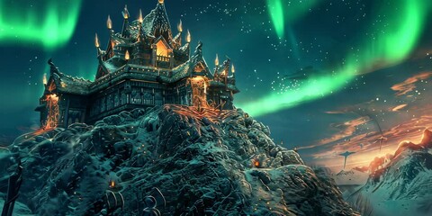 mystic viking temple on a snowy peak, surrounded by dragons, with viking priests performing ancient 