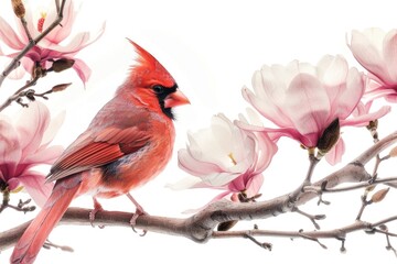 Wall Mural - A bright red bird sits atop a tree branch, looking out into the distance