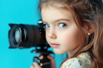 Poster - A young child holds a camera up to her face, smiling for the lens