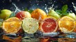 © Sob65 - Fresh citrus fruits and pears splashing in water.
