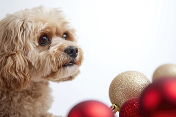 Sticker - A brown dog sits next to decorative Christmas ornaments