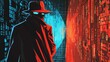 © AssanAI.Studio - Mysterious Figure in a Fedora Stands Between Digital Worlds Representing Cybersecurity and Technology in a Futuristic Environment with Binary Code
