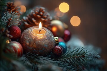 Poster - A lit candle surrounded by Christmas ornaments