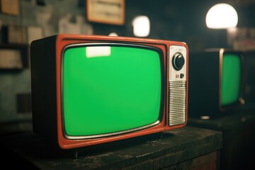 Wall Mural - Three vintage TVs with green screens sitting on a table, perfect for nostalgic or retro-themed projects