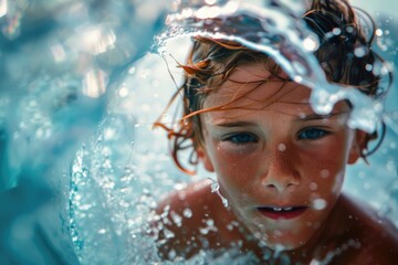 A young boy enjoying a swim in a pool of water