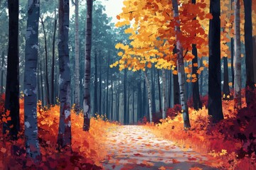 Wall Mural - A winding path leads through a dense forest with tall trees and lush foliage