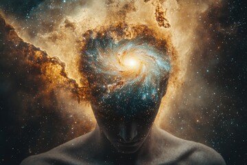 Wall Mural - a person standing against a starry night sky with galaxies and stars visible