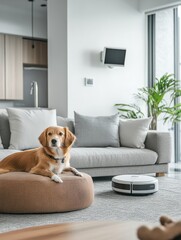 Aufkleber - A welcoming space designed for pets includes a smart feeding station and a calm dog resting on a soft bed in a modern room. Generative AI