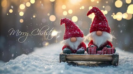 Wall Mural - Two Santa Clauses on small wooden sleighs with gifts. Merry Christmas. Christmas greeting card with Santa Claus. Festive decoration. Cute funny gnomes, decorated for Christmas.