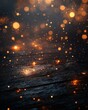 © Backdrop_copy space - Abstract background showing sparkling particles falling on a dark bronze wooden surface with a copper tone bokeh effect