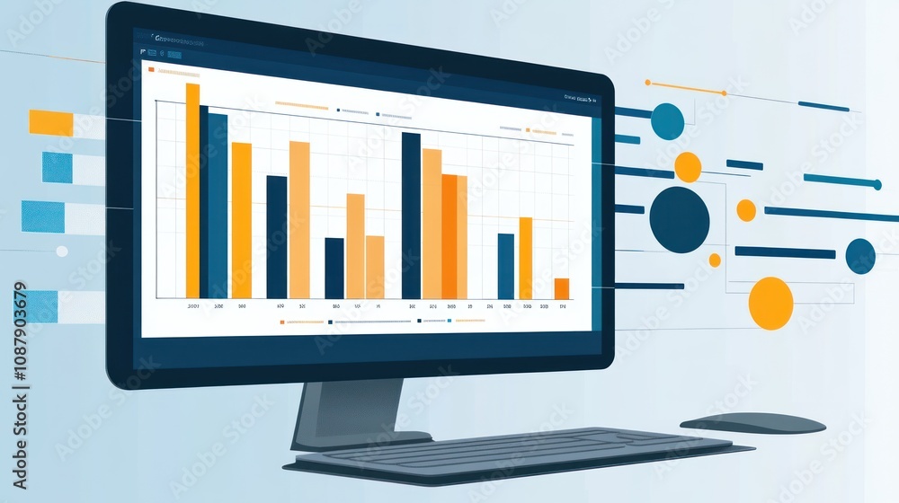 A computer monitor displays a bar chart with data visualization showing ...