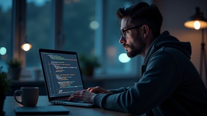 Focused programmer working late at night on coding in a tech-savvy workspace filled with screens