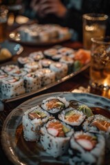 Sticker - Two plates of sushi sitting on a table