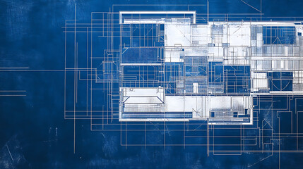 Aufkleber - A blueprint of an office building shows the structure's interior layout and exterior design through lines and a grid The white background creates contrast against blue 