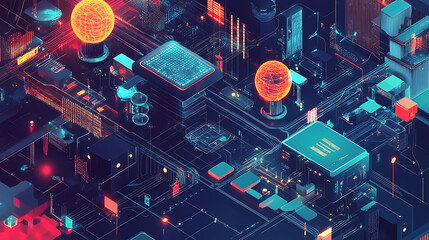 Aufkleber - A conceptual illustration of artificial intelligence and robotic quantum computing processors, emphasizing their role in business technology, engineering, and innovation
