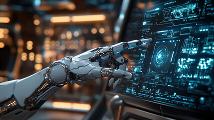 Aufkleber - A mechanical robot arm interacts with a virtual holographic interface, pressing a button, highlighting a futuristic artificial intelligence design concept