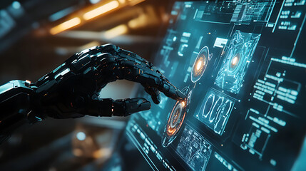 Fototapete - A mechanical robot arm interacts with a virtual holographic interface, pressing a button, highlighting a futuristic artificial intelligence design concept