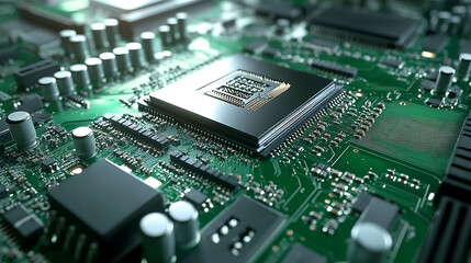 Poster - A close-up view of a high-performance GPU (Graphics Processing Unit) chip with intricate circuitry on a green motherboard, showcasing technology used for gaming and computing