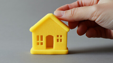 Poster - A hand selecting a yellow miniature house, symbolizing the search for the perfect property in a high-demand housing market, or choosing the best house insurance as a home investment concept
