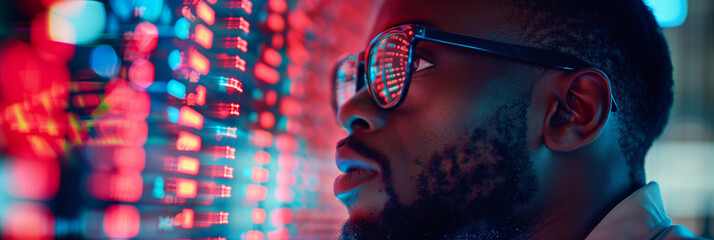 AI cyber security threat illustration, black african american man working in computer monitor lab, IT specialist, artificial intelligence in hacking coding & online security