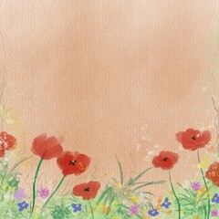 Wall Mural - Beautiful wildflowers and red poppies on a soft beige background, evoking natural harmony. Beckground for birthday's card or social media