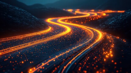 Wall Mural - glowing lines winding through dark landscape.