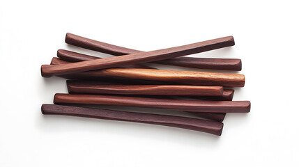 Poster - Isolated sandalwood sticks presented in a top view on a white background, emphasizing the natural texture and form of the wood