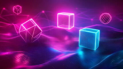 Poster - Abstract, neon-lit 3D mesh objects and shapes set against a wireframe wavy geometric background, reminiscent of 1980s cyberpunk