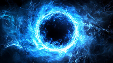 Fototapete - Abstract blue neon background with a glowing circular frame, portal or vortex and light effect on a black backdrop