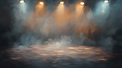 Fototapete - Ethereal empty stage with mist fog and brown spotlights moody atmospheric background for artistic displays digital painting