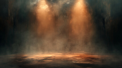Fototapete - Ethereal empty stage with mist fog and brown spotlights moody atmospheric background for artistic displays digital painting