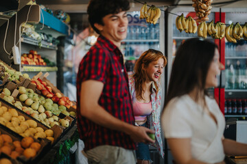 Poster - A group of friends happily shopping at a local greengrocer, selecting fresh fruits and vegetables. The lively atmosphere reflects enjoyment and healthy lifestyle choices.