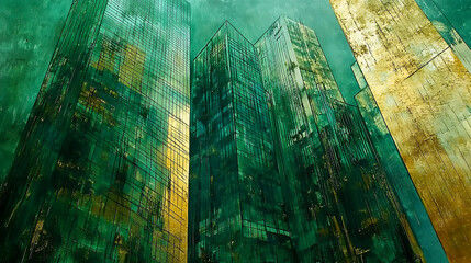 Aufkleber - Close up of three modern glass skyscrapers in downtown Manhattan, with a soft green and gold color scheme
