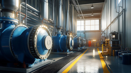 Leinwandbilder - Industrial boiler room interior with large water treatment facility blue pumps and shiny stainless steel pipes
