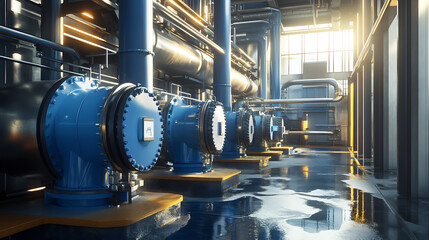 Poster - Industrial boiler room interior with large water treatment facility blue pumps and shiny stainless steel pipes