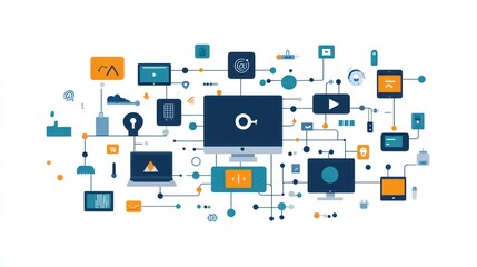 Abstract illustration of connected devices and digital technologies with lines and icons.