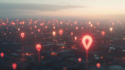 Fototapete - A conceptual 3D rendering presents a city with abstract connected location pins against a dull sky background, a navigation concept with a focus on interconnectedness and location tracking