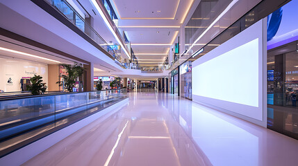Poster - Shopping center or business mall featuring a large, high-visibility advertisement board, This blank white mockup signboard offers copy space for showcasing sales and promotional advertisements